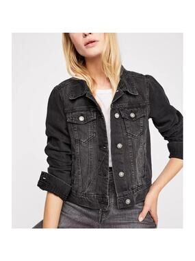 Free People We The Free Rumors Washed Black Distressed Denim Jacket Size S